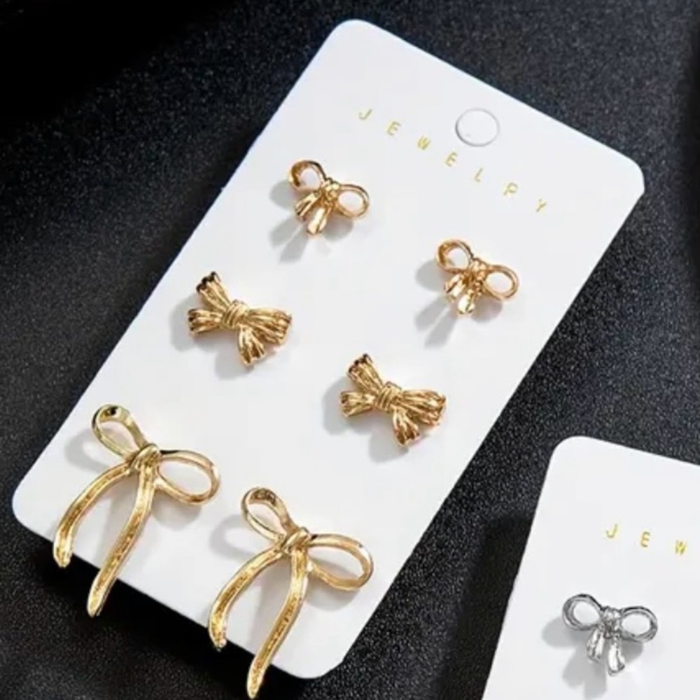 Gold Bow Stud Earrings Set 3 Pair Dainty Ribbon Knot Minimalist Jewelry Bundle